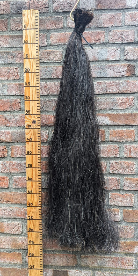 Dikke lange staart met bruine en witte haren.